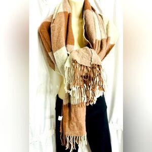 Large Faurn Blanket Scarf 100% Cashmere 66” X 27” Tan/Orange and Beige T…